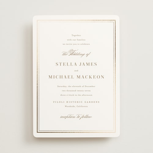 This is a almond foil stamped wedding invitations with foil pressed by Jennifer Postorino called polished printing on signature in standard