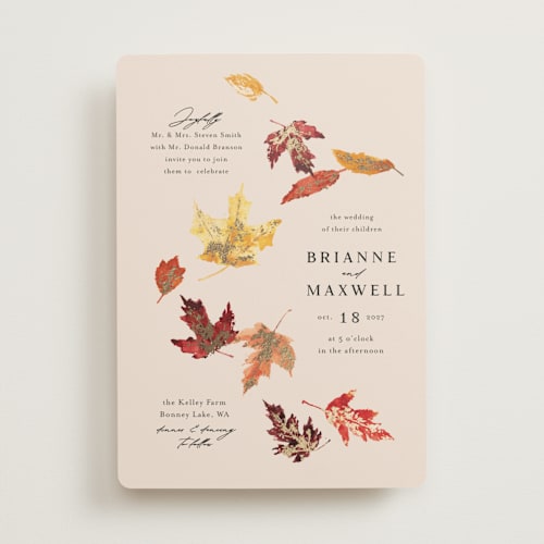 This is a autumn foil stamped wedding invitations with foil pressed by Itsy Belle Studio called autumn leafs printing on signature in standard