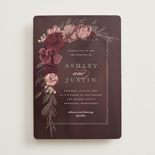This is a rose foil stamped wedding invitations with foil pressed by Susan Moyal called verdigris printing on signature in standard