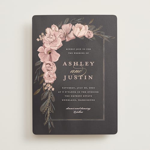 This is a blush foil stamped wedding invitations with foil pressed by Susan Moyal called verdigris printing on signature in standard