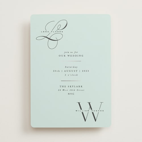 This is a aqua foil stamped wedding invitations with foil pressed by Hooray Creative called initially yours printing on signature in standard