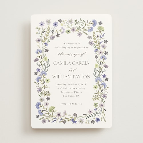 This is a lavender foil stamped wedding invitations with foil pressed by Yaling Hou Suzuki called bright garden printing on signature in standard