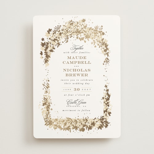 This is a honeysuckle foil stamped wedding invitations with foil pressed by Leah Bisch called heritage printing on signature in standard