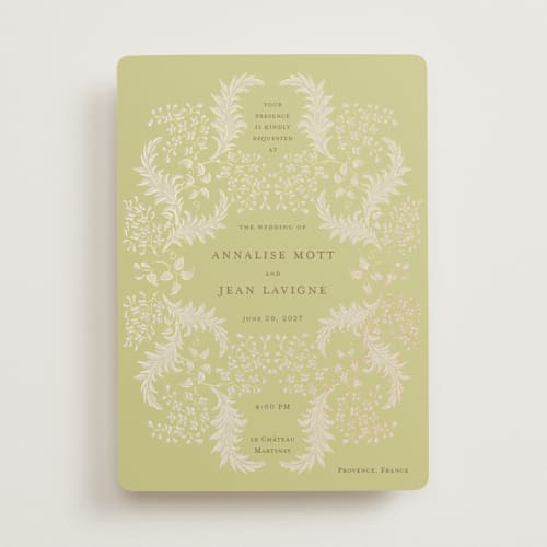 This is a citron foil stamped wedding invitations with foil pressed by Ani Somi called french train printing on signature in standard