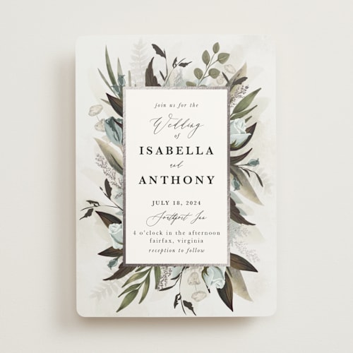 This is a sky foil stamped wedding invitations with foil pressed by Susan Moyal called roses & greenery printing on signature in standard