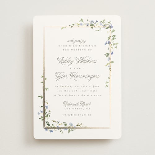 This is a bluebell foil stamped wedding invitations with foil pressed by Everett Paper Goods called flowering vine printing on signature in standard