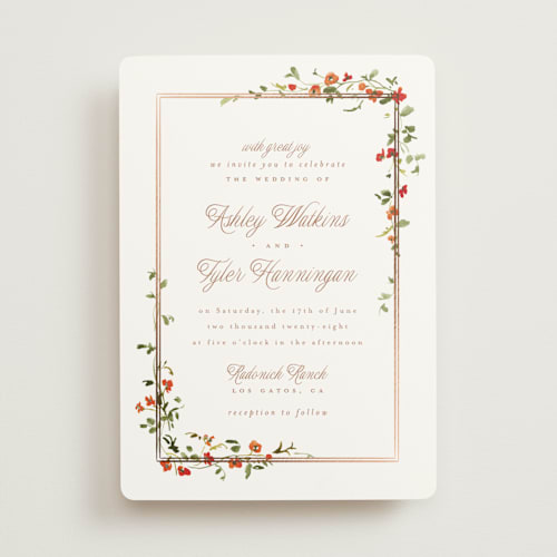 This is a nasturtium foil stamped wedding invitations with foil pressed by Everett Paper Goods called flowering vine printing on signature in standard