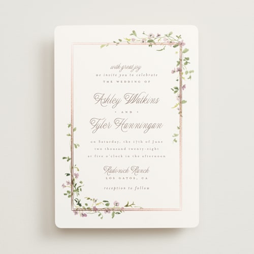 This is a lilac foil stamped wedding invitations with foil pressed by Everett Paper Goods called flowering vine printing on signature in standard