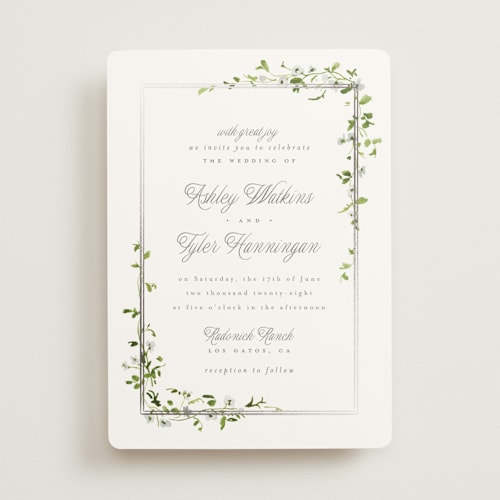 This is a dew foil stamped wedding invitations with foil pressed by Everett Paper Goods called flowering vine printing on signature in standard