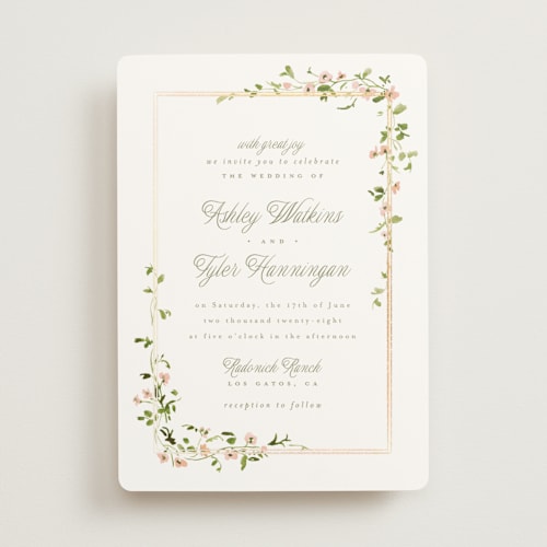 This is a peony foil stamped wedding invitations with foil pressed by Everett Paper Goods called flowering vine printing on signature in standard
