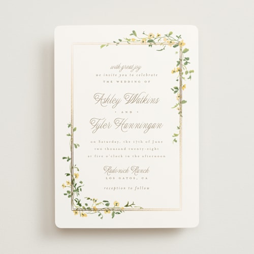 This is a mimosa foil stamped wedding invitations with foil pressed by Everett Paper Goods called flowering vine printing on signature in standard