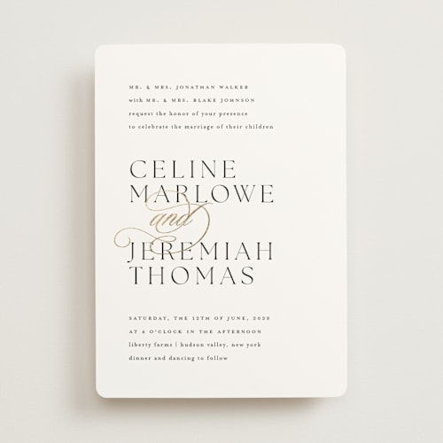 This is a silk foil stamped wedding invitations with foil pressed by Kelly Schmidt called left align printing on signature in standard