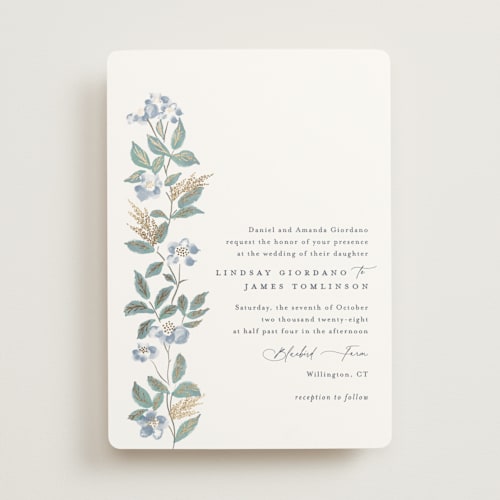 This is a sapphire foil stamped wedding invitations with foil pressed by Olivia Raufman called climbing florals printing on signature in standard