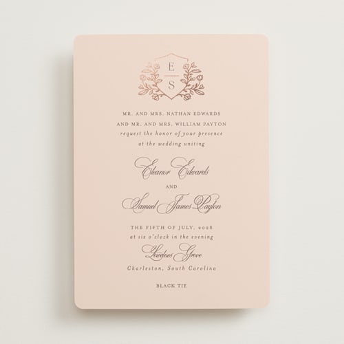 This is a rose quartz foil stamped wedding invitations with foil pressed by Mansi Verma called gold crest printing on signature in standard