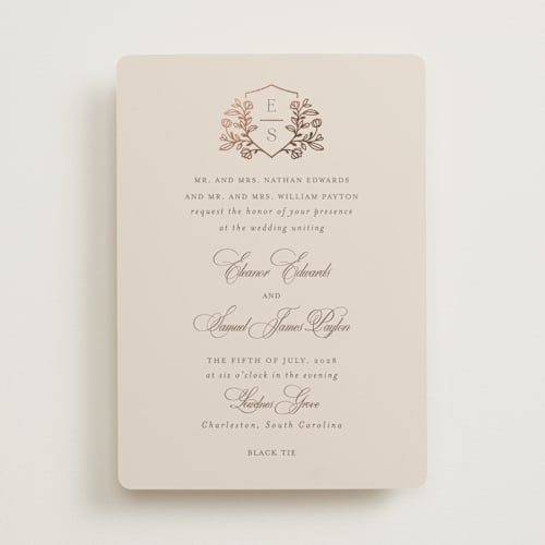 This is a eggshell foil stamped wedding invitations with foil pressed by Mansi Verma called gold crest printing on signature in standard