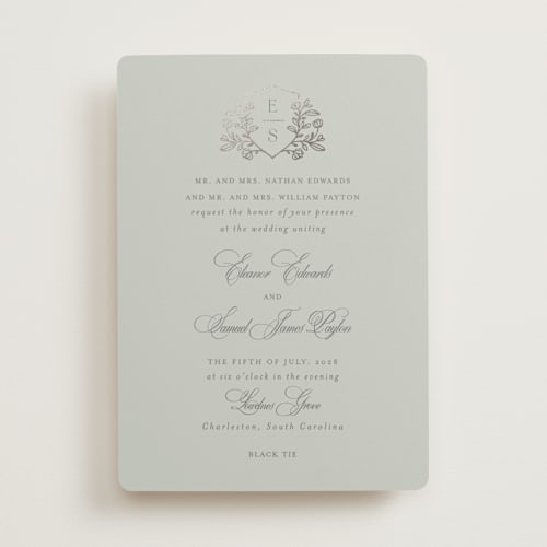 This is a sapphire foil stamped wedding invitations with foil pressed by Mansi Verma called gold crest printing on signature in standard