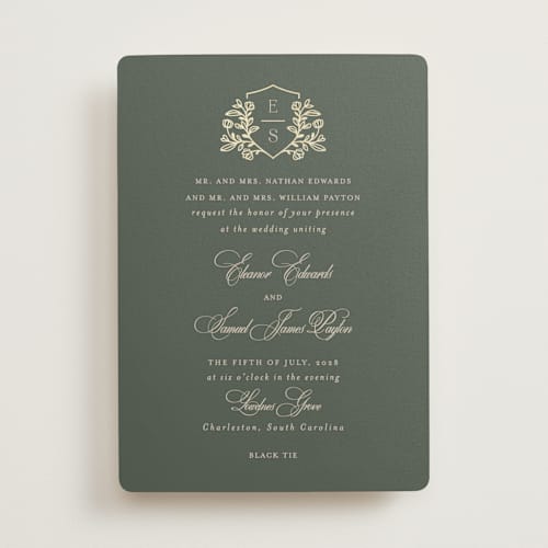 This is a emerald foil stamped wedding invitations with foil pressed by Mansi Verma called gold crest printing on signature in standard