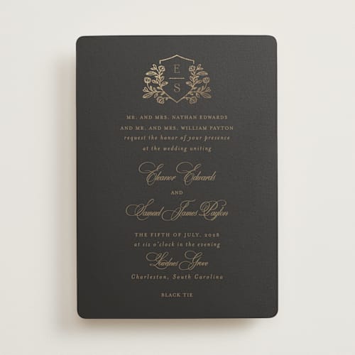 This is a chocolate foil stamped wedding invitations with foil pressed by Mansi Verma called gold crest printing on signature in standard