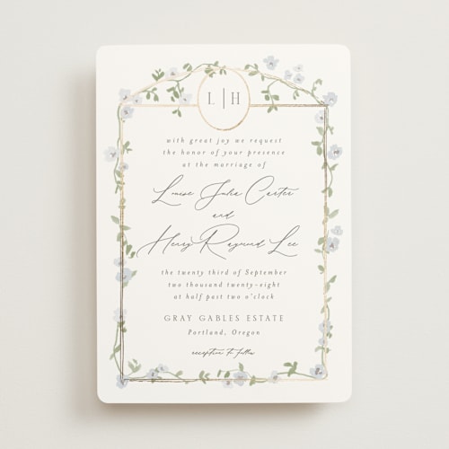 This is a blue bell foil stamped wedding invitations with foil pressed by Everett Paper Goods called portico printing on signature in standard
