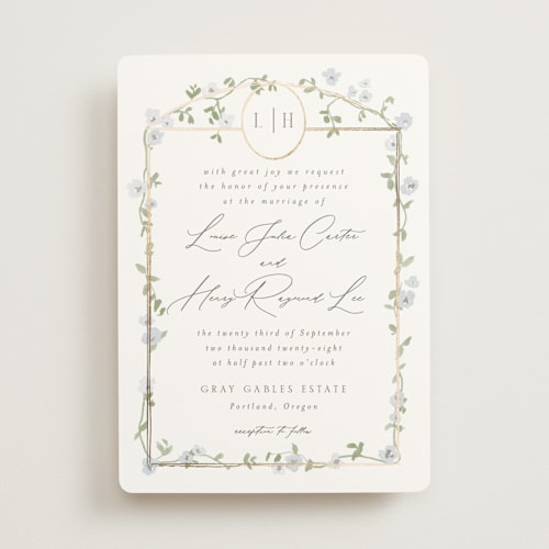 This is a blue bell foil stamped wedding invitations with foil pressed by Everett Paper Goods called portico printing on signature in standard