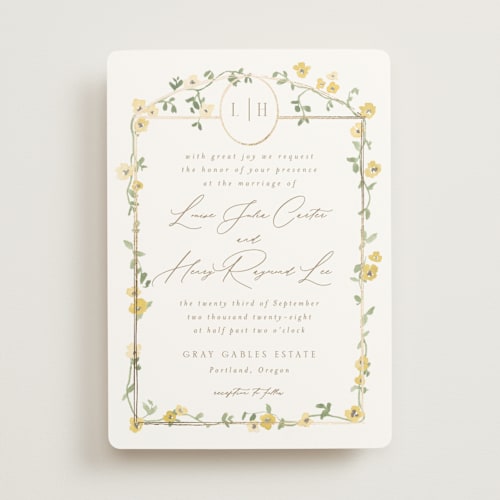 This is a citrine foil stamped wedding invitations with foil pressed by Everett Paper Goods called portico printing on signature in standard