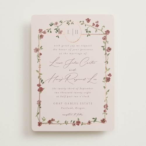 This is a merlot foil stamped wedding invitations with foil pressed by Everett Paper Goods called portico printing on signature in standard