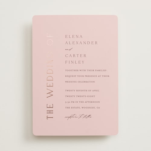 This is a rose foil stamped wedding invitations with foil pressed by Angela Thompson called gilded edge printing on signature in standard