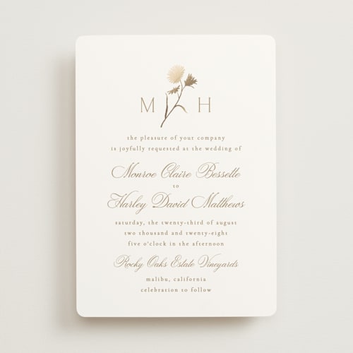 This is a buttercream foil stamped wedding invitations with foil pressed by Kristie Kern called the romantic printing on signature in standard