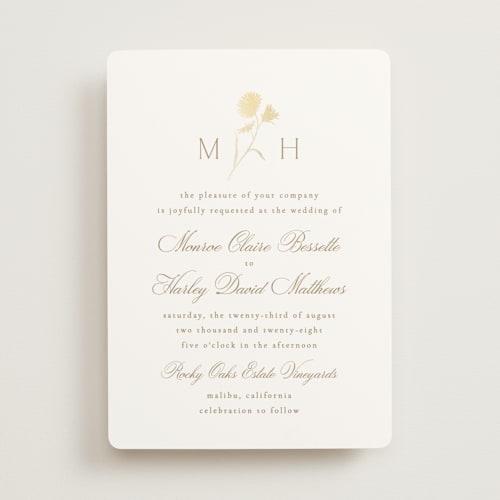 This is a buttercream foil stamped wedding invitations with foil pressed by Kristie Kern called the romantic printing on signature in standard
