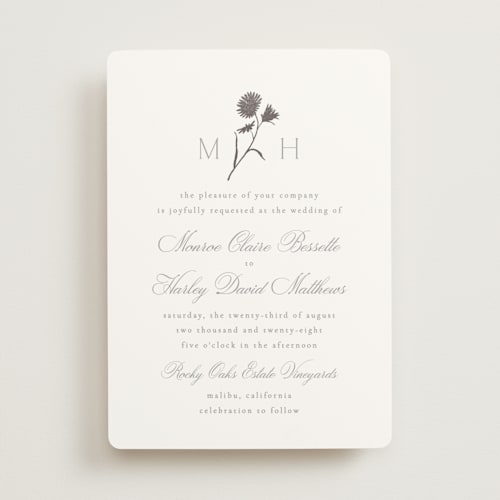This is a platinum foil stamped wedding invitations with foil pressed by Kristie Kern called the romantic printing on signature in standard