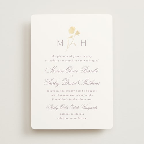 This is a lavender foil stamped wedding invitations with foil pressed by Kristie Kern called the romantic printing on signature in standard