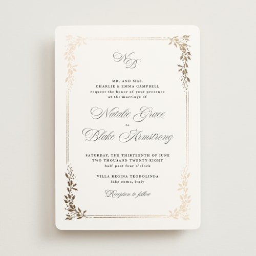 This is a diamond foil stamped wedding invitations with foil pressed by Kate Ahn called lake como printing on signature in standard