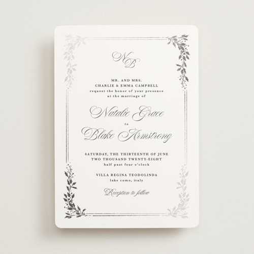 This is a diamond foil stamped wedding invitations with foil pressed by Kate Ahn called lake como printing on signature in standard