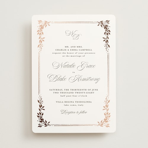 This is a truffle foil stamped wedding invitations with foil pressed by Kate Ahn called lake como printing on signature in standard