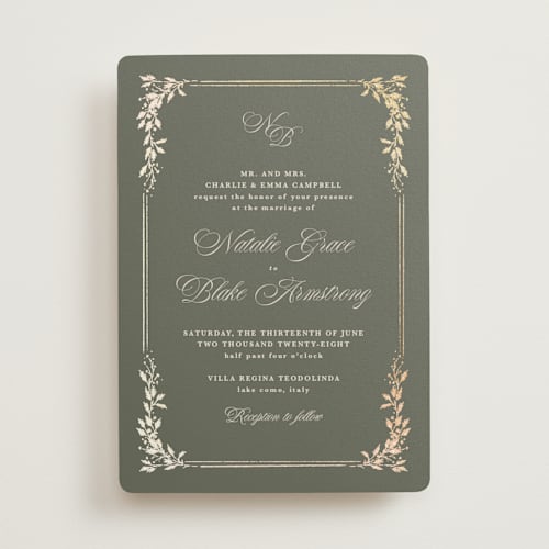 This is a sage foil stamped wedding invitations with foil pressed by Kate Ahn called lake como printing on signature in standard
