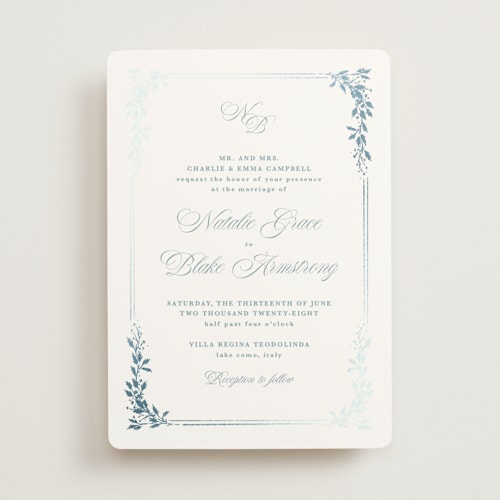 This is a sky foil stamped wedding invitations with foil pressed by Kate Ahn called lake como printing on signature in standard