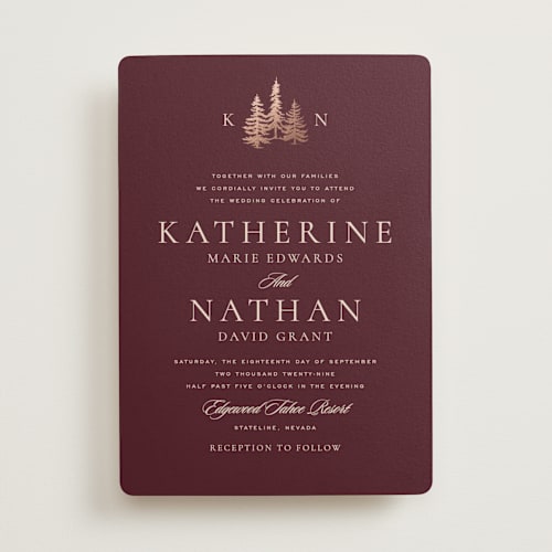 This is a berry foil stamped wedding invitations with foil pressed by Stacy Maalouf called gilded forest printing on signature in standard