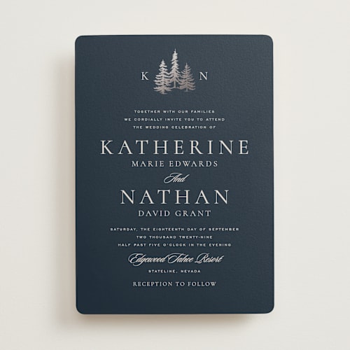 This is a midnight foil stamped wedding invitations with foil pressed by Stacy Maalouf called gilded forest printing on signature in standard