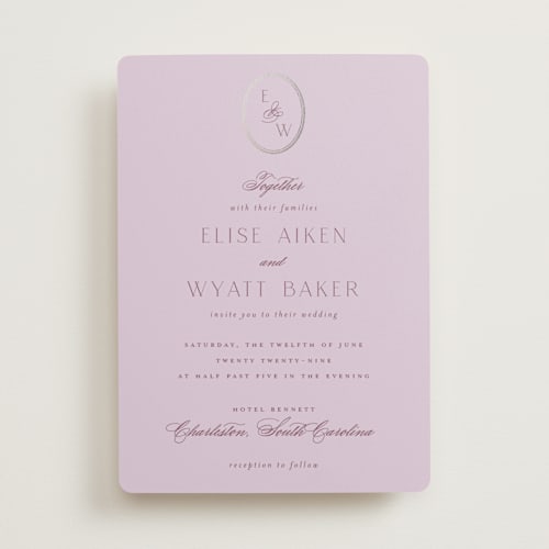 This is a lilac foil stamped wedding invitations with foil pressed by Emily Betts called scallop monogram printing on signature in standard