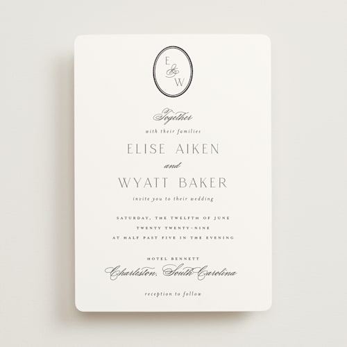 This is a opal foil stamped wedding invitations with foil pressed by Emily Betts called scallop monogram printing on signature in standard