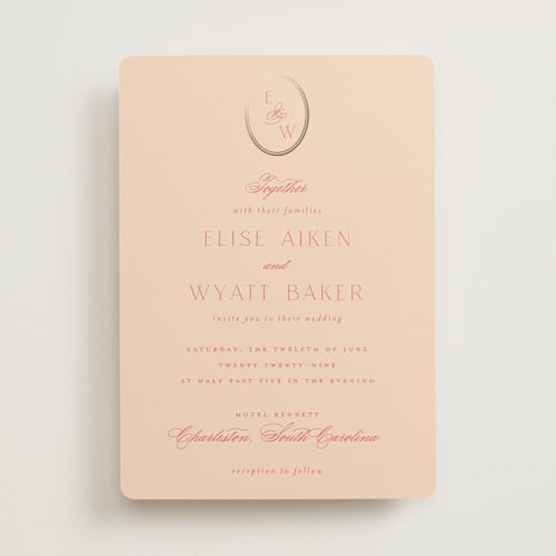This is a peach foil stamped wedding invitations with foil pressed by Emily Betts called scallop monogram printing on signature in standard