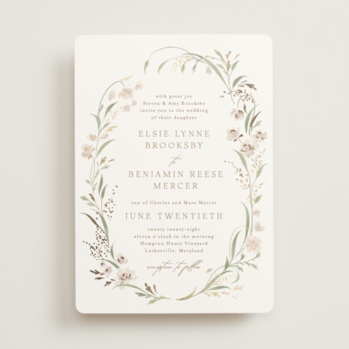This is a spring mist foil stamped wedding invitations with foil pressed by Erin L. Wilson called meadow printing on signature in standard