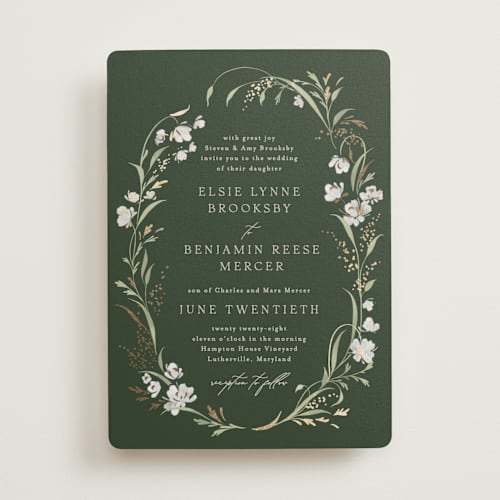 This is a forest floor foil stamped wedding invitations with foil pressed by Erin L. Wilson called meadow printing on signature in standard