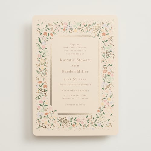 This is a ivory foil stamped wedding invitations with foil pressed by Jennifer Wick called esther's garden printing on signature in standard