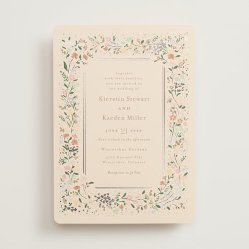 This is a ivory foil stamped wedding invitations with foil pressed by Jennifer Wick called esther's garden printing on signature in standard
