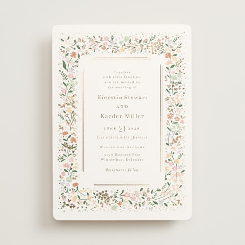 This is a lily foil stamped wedding invitations with foil pressed by Jennifer Wick called esther's garden printing on signature in standard