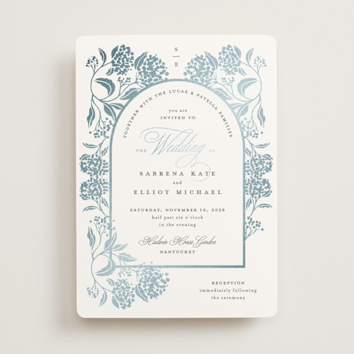 This is a dove foil stamped wedding invitations with foil pressed by Susan Zinader called shimmering hydrangeas printing on signature in standard
