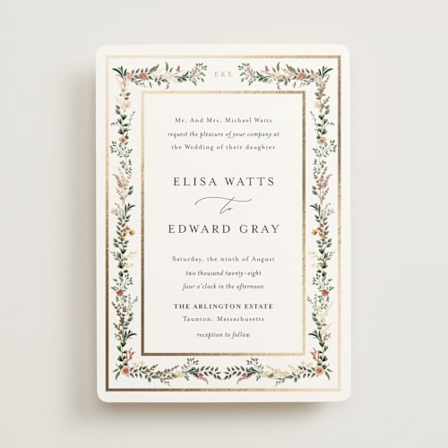 This is a blush foil stamped wedding invitations with foil pressed by Susan Moyal called blooming vine printing on signature in standard