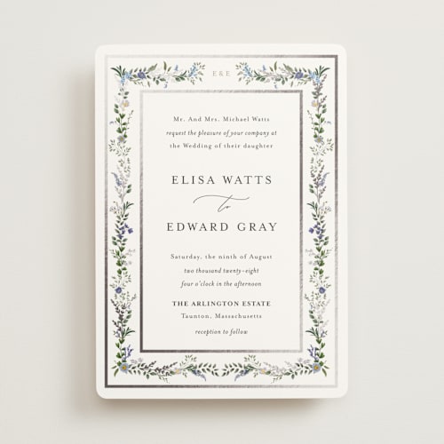 This is a lilac foil stamped wedding invitations with foil pressed by Susan Moyal called blooming vine printing on signature in standard