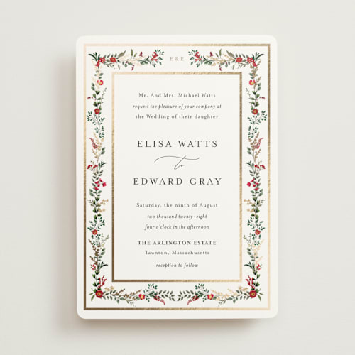 This is a crimson foil stamped wedding invitations with foil pressed by Susan Moyal called blooming vine printing on signature in standard